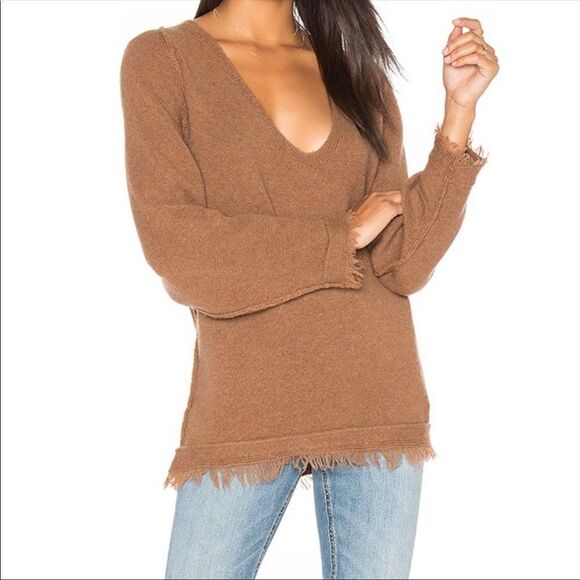 Free People Brown Irresistible Oversized V-Neck Frayed Fringed Sweater for fall - Picture 1 of 15